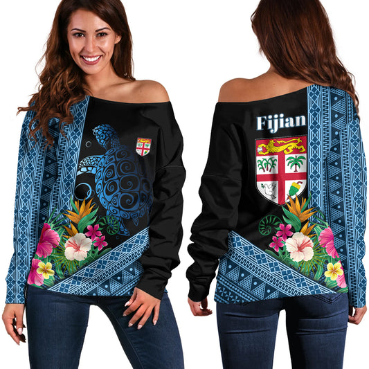Fiji Off Shoulder Sweatshirt Polynesia Pattern With Tropical Flower