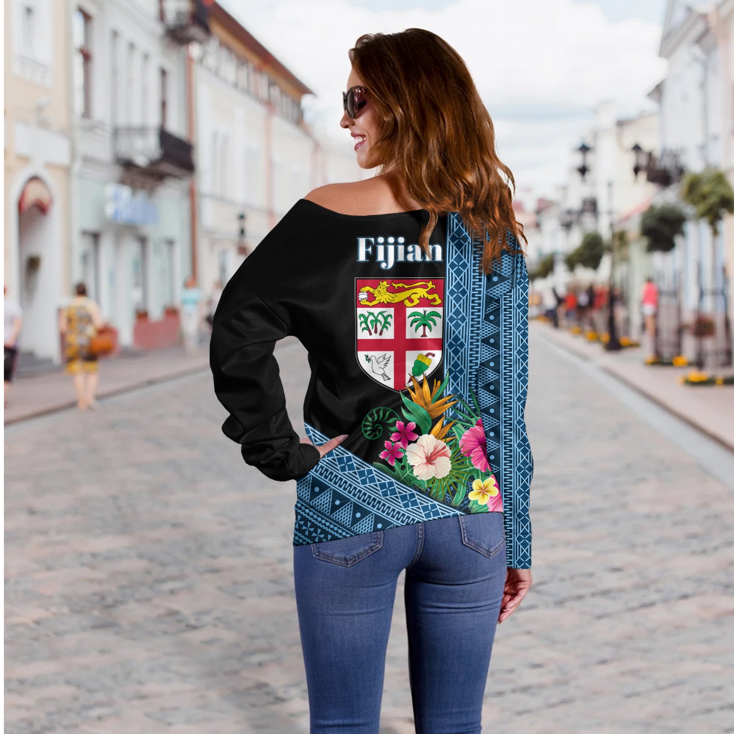 Fiji Off Shoulder Sweatshirt Polynesia Pattern With Tropical Flower