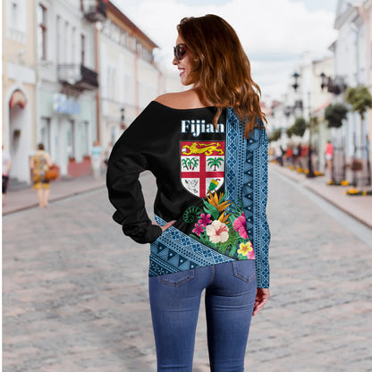 Fiji Off Shoulder Sweatshirt Polynesia Pattern With Tropical Flower