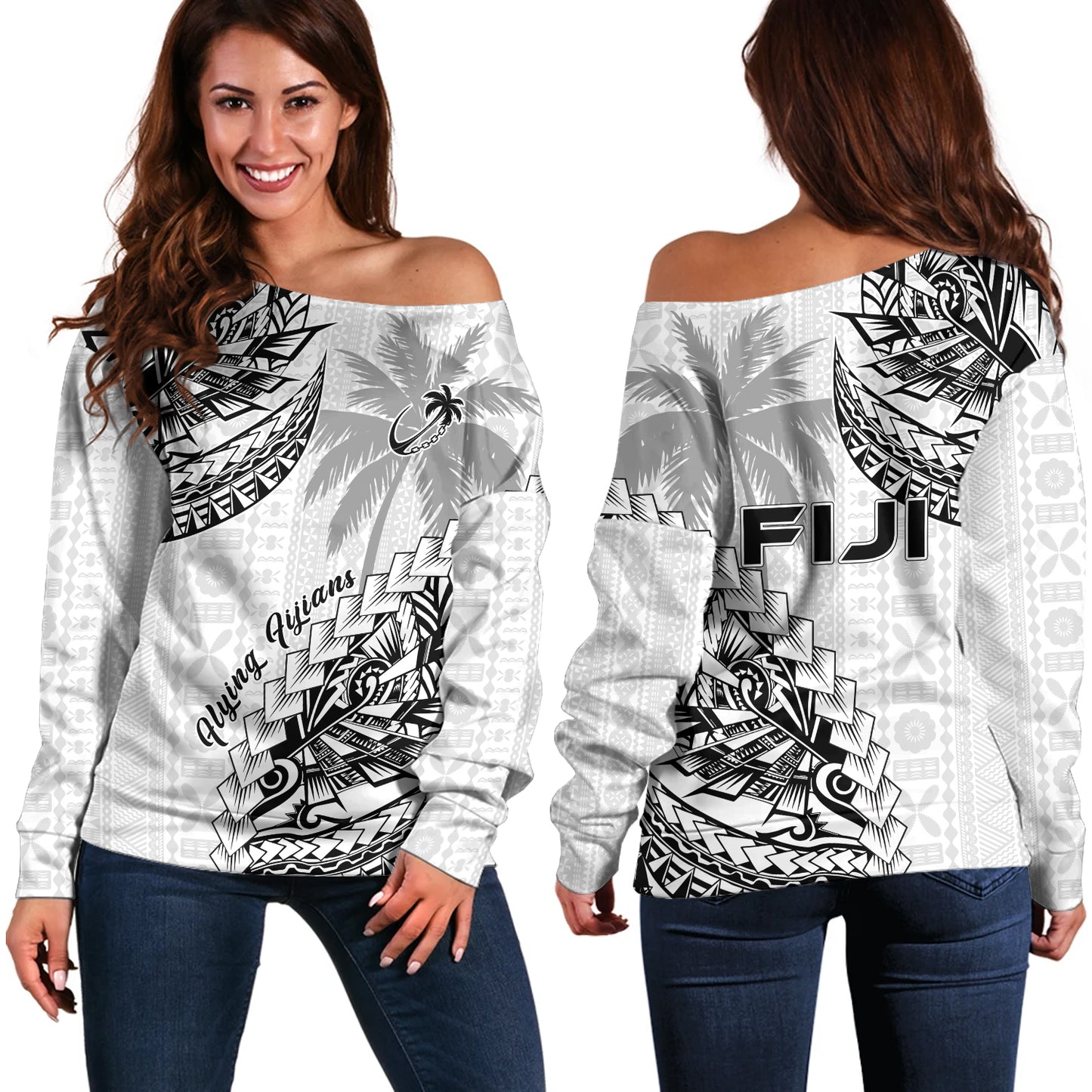 Fiji Off Shoulder Sweatshirt Flying Fijians Polynesian Pattern 2023