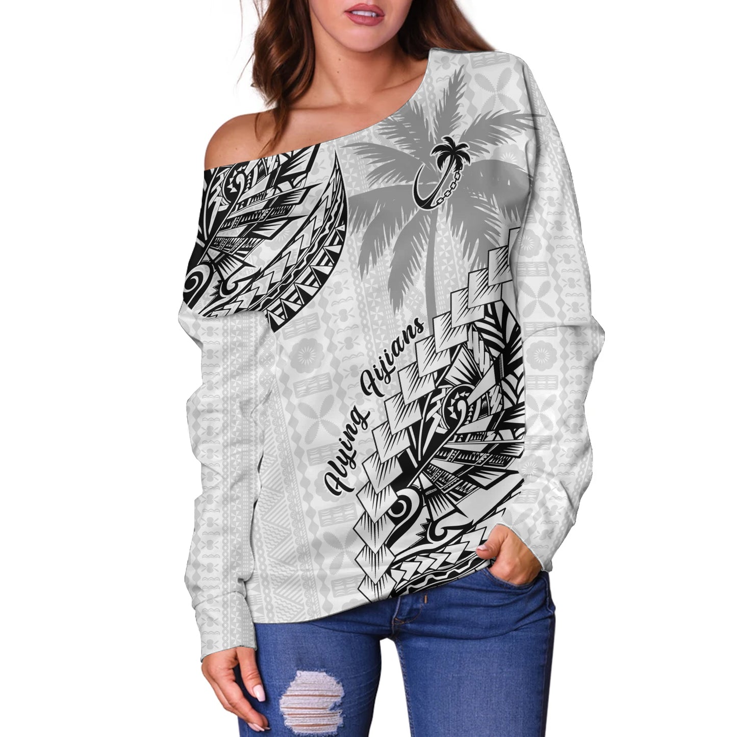 Fiji Off Shoulder Sweatshirt Flying Fijians Polynesian Pattern 2023