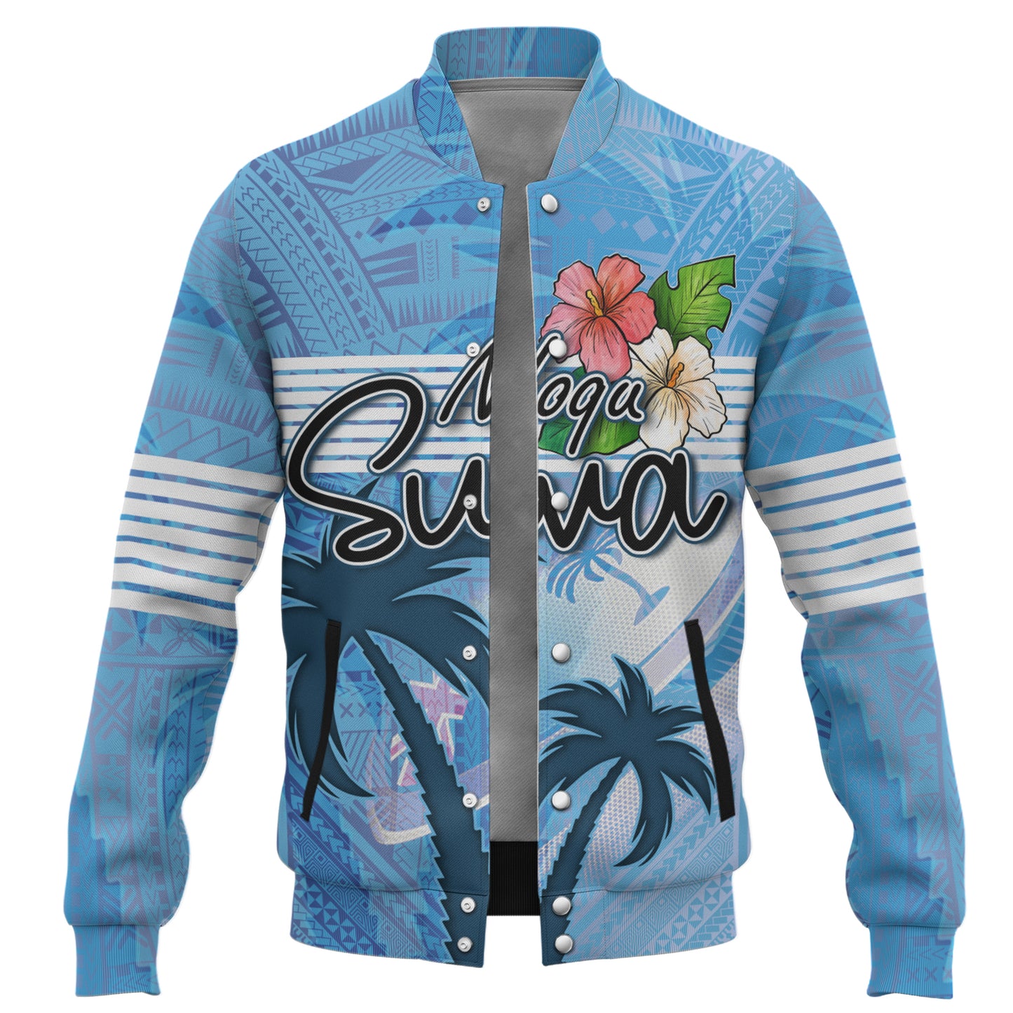 Fiji Baseball Jacket Noqu Suva Palm Tree Traditional Patterns