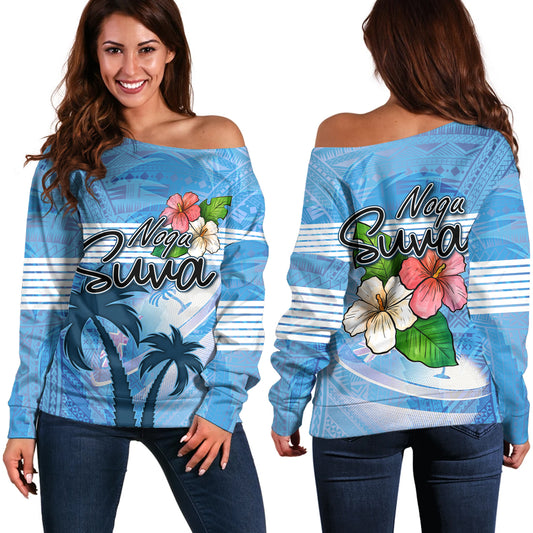 Fiji Off Shoulder Sweatshirt Noqu Suva Palm Tree Traditional Patterns