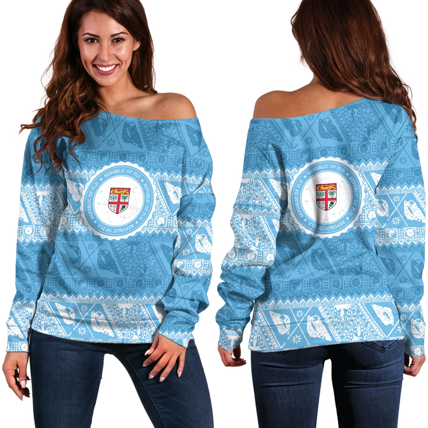 Fiji Off Shoulder Sweatshirt Tribal Pattern Vintage Style