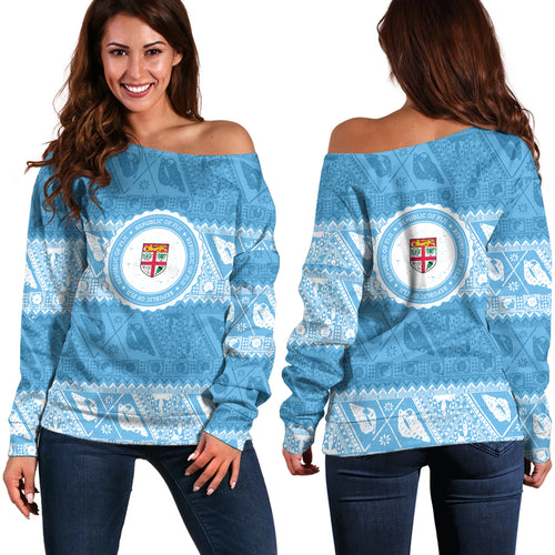 Fiji Off Shoulder Sweatshirt Tribal Pattern Vintage Style