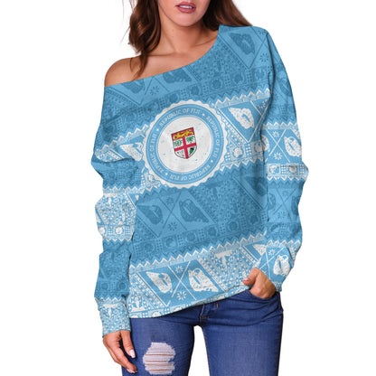 Fiji Off Shoulder Sweatshirt Tribal Pattern Vintage Style