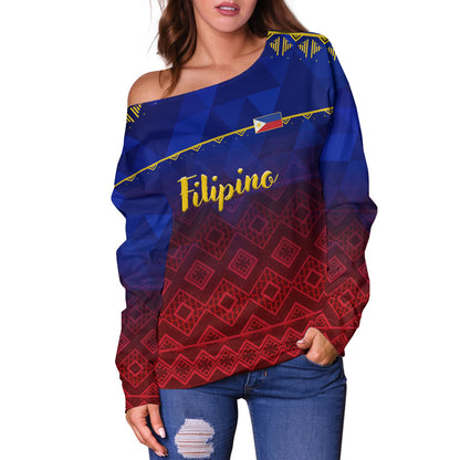 Philippines Filipinos Off Shoulder Sweatshirt Lowpolly Pattern with Tribal Motif