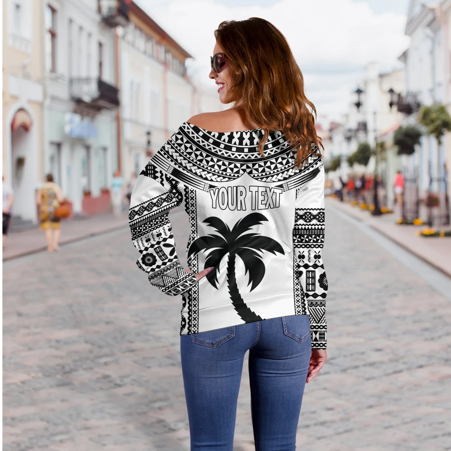 Fiji Off Shoulder Sweatshirt Flying Fijians Rugby Tribal Pattern 2023