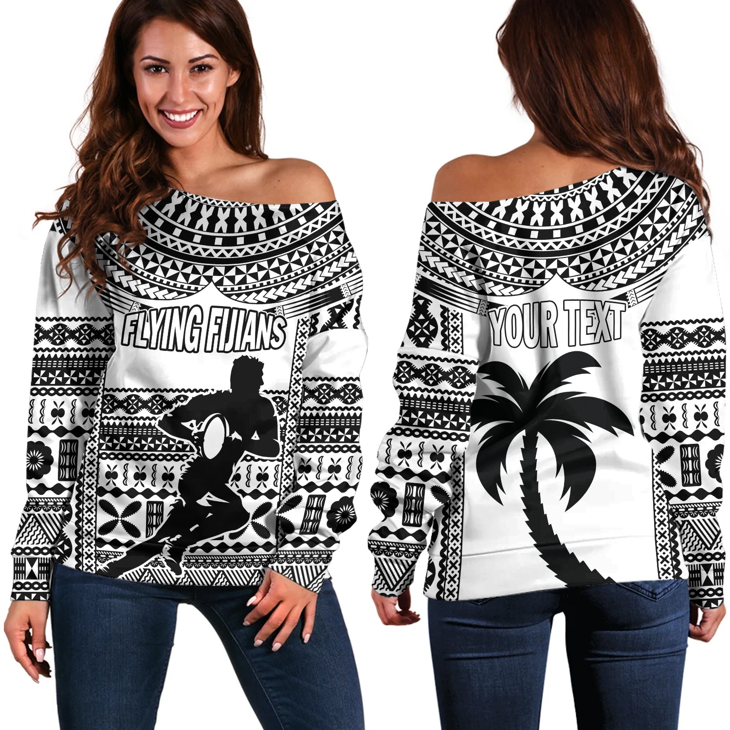 Fiji Off Shoulder Sweatshirt Flying Fijians Rugby Tribal Pattern 2023