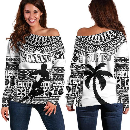 Fiji Off Shoulder Sweatshirt Flying Fijians Rugby Tribal Pattern 2023