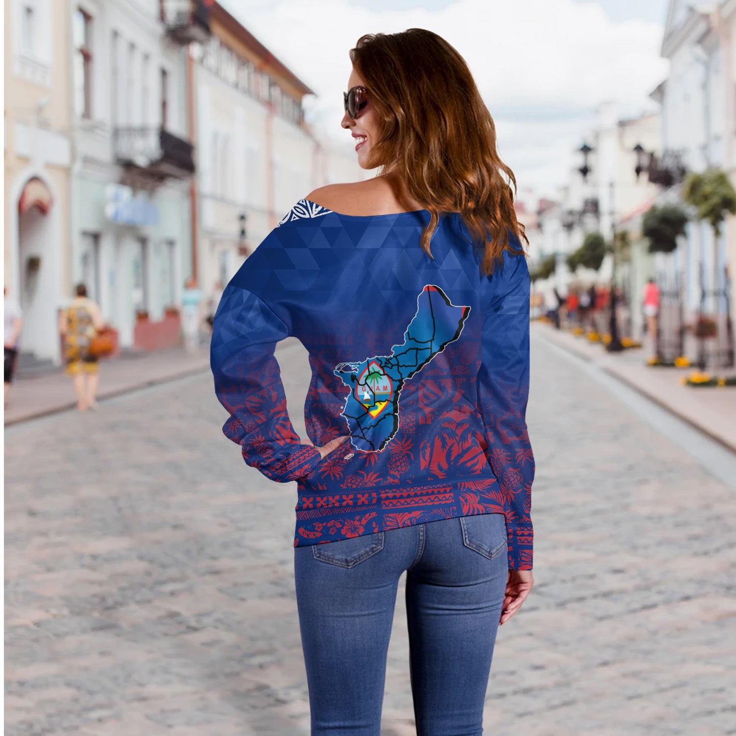 Guam Off Shoulder Sweatshirt Guam Hafa Adai Tropical Pattern