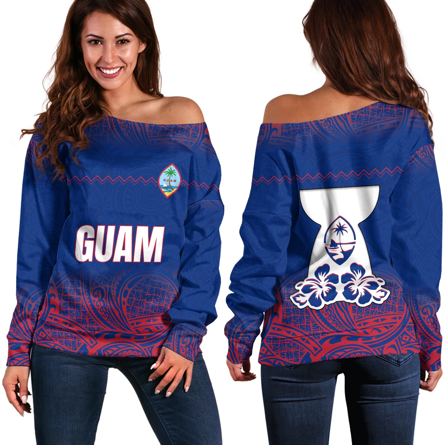 Guam Off Shoulder Sweatshirt White Latte Stone Guam Polynesian