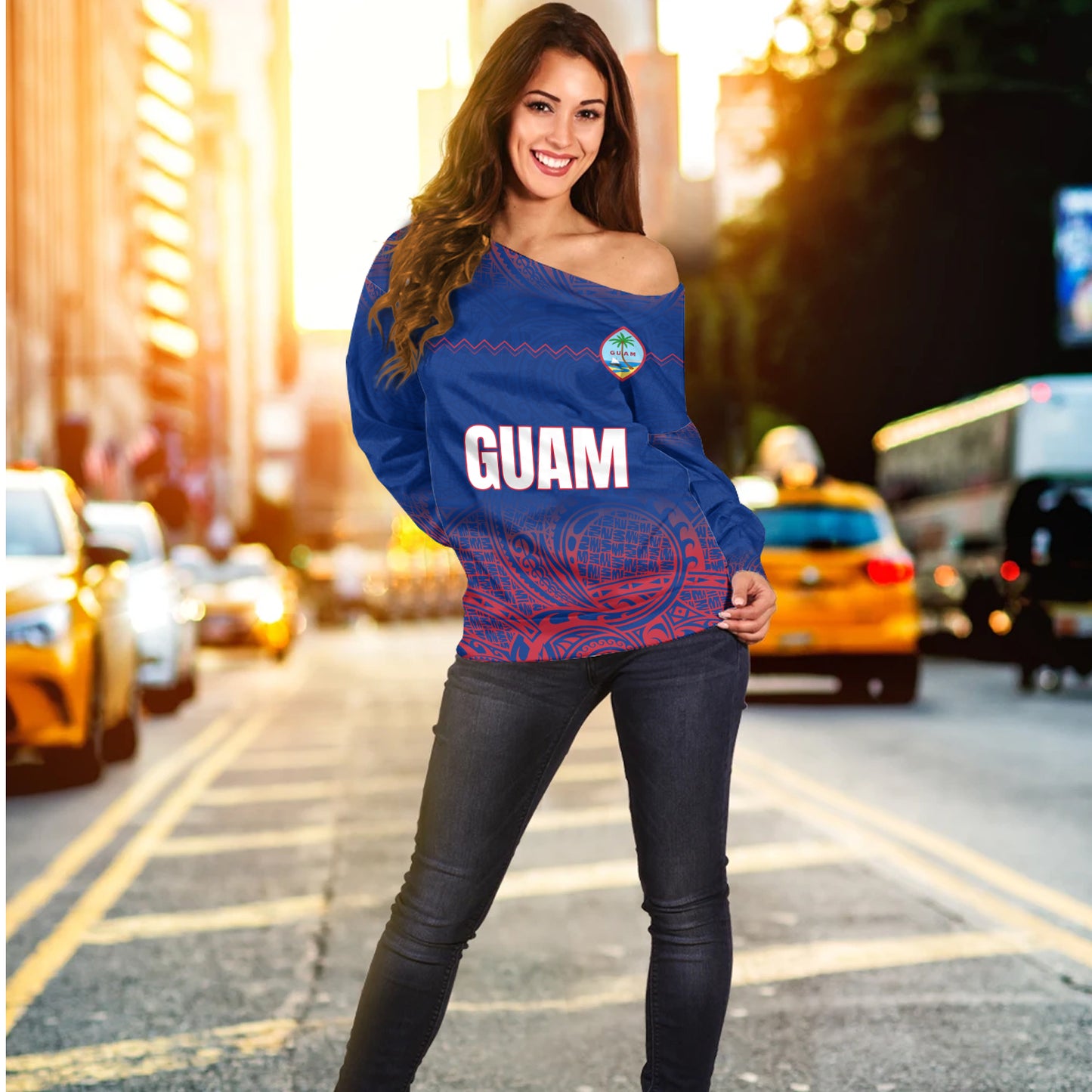 Guam Off Shoulder Sweatshirt White Latte Stone Guam Polynesian