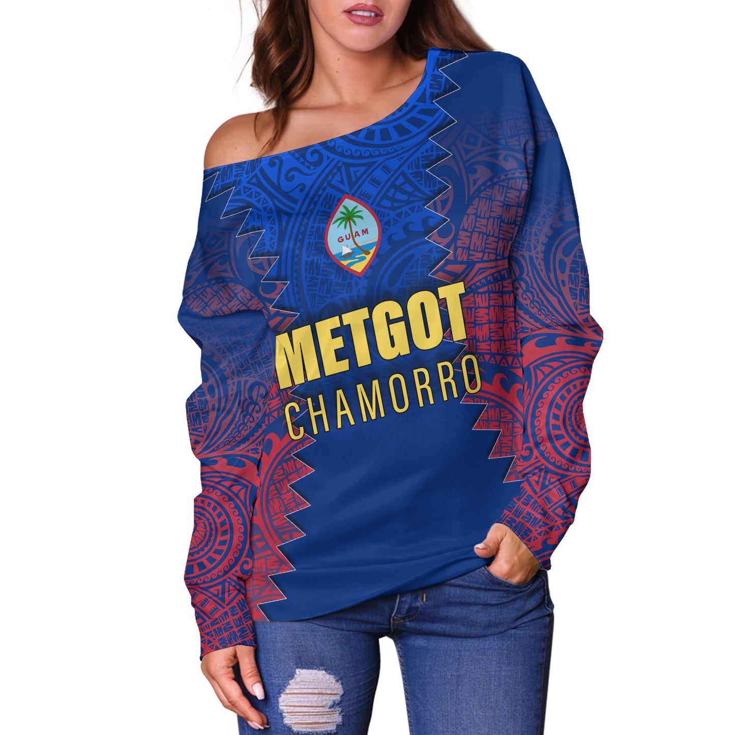 Guam Off Shoulder Sweatshirt Metgot Chamorro Latte Stone Guam Polynesian