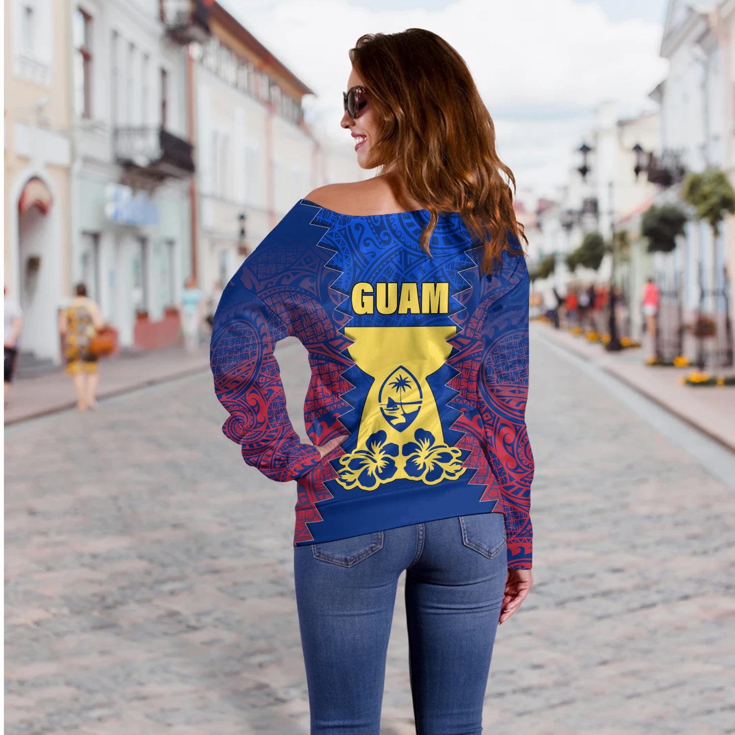 Guam Off Shoulder Sweatshirt Metgot Chamorro Latte Stone Guam Polynesian