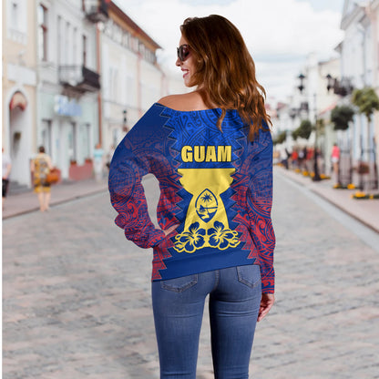 Guam Off Shoulder Sweatshirt Metgot Chamorro Latte Stone Guam Polynesian