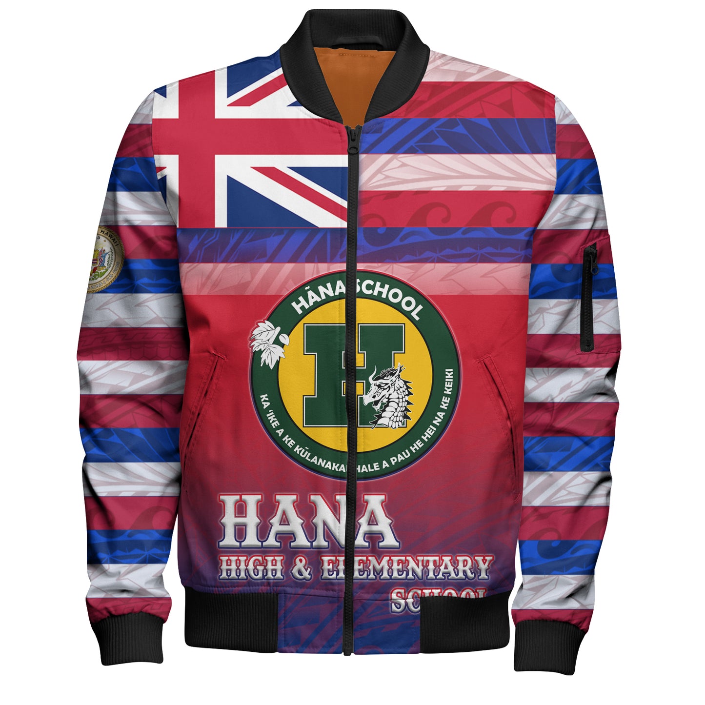 Hawaii Hana High and Elementary School Bomber Jacket Flag Color With Traditional Patterns