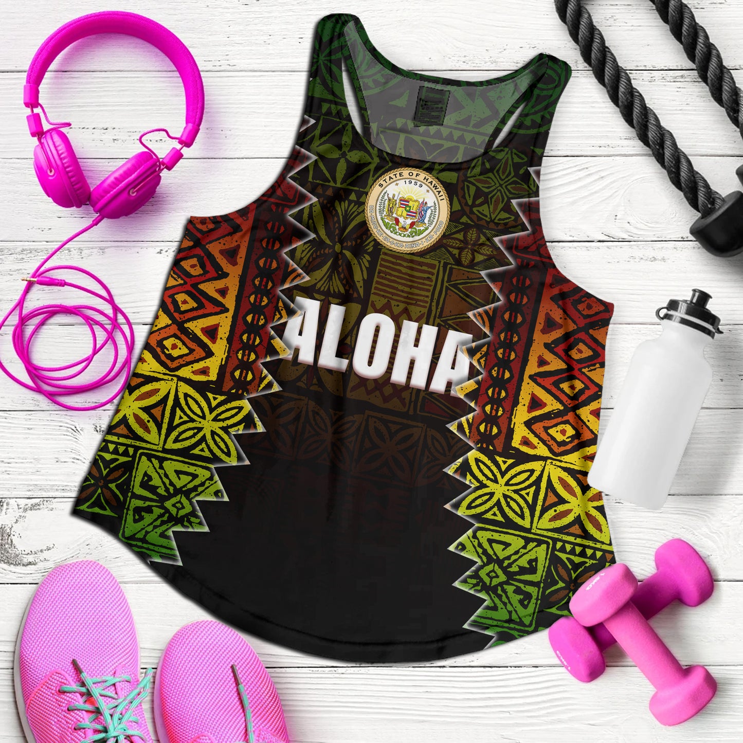 Hawaii Women Tank Polynesian Tribal Motif Reggae Color