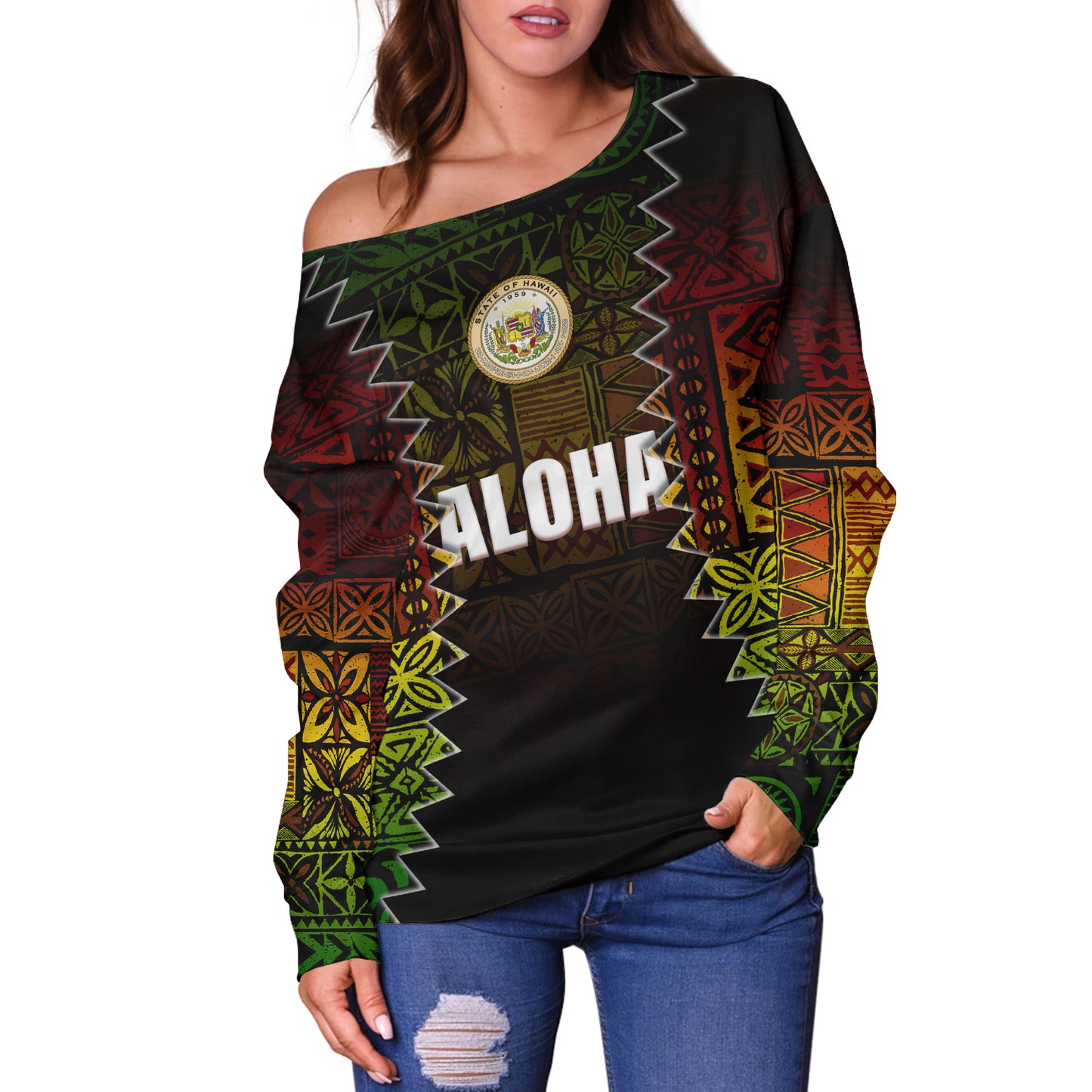 Hawaii Off Shoulder Sweatshirt Polynesian Tribal Motif Reggae Color