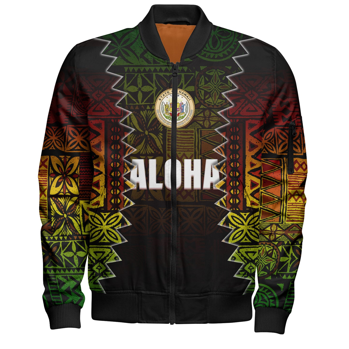 Hawaii Bomber Jacket Polynesian Tribal Motif Reggae Color