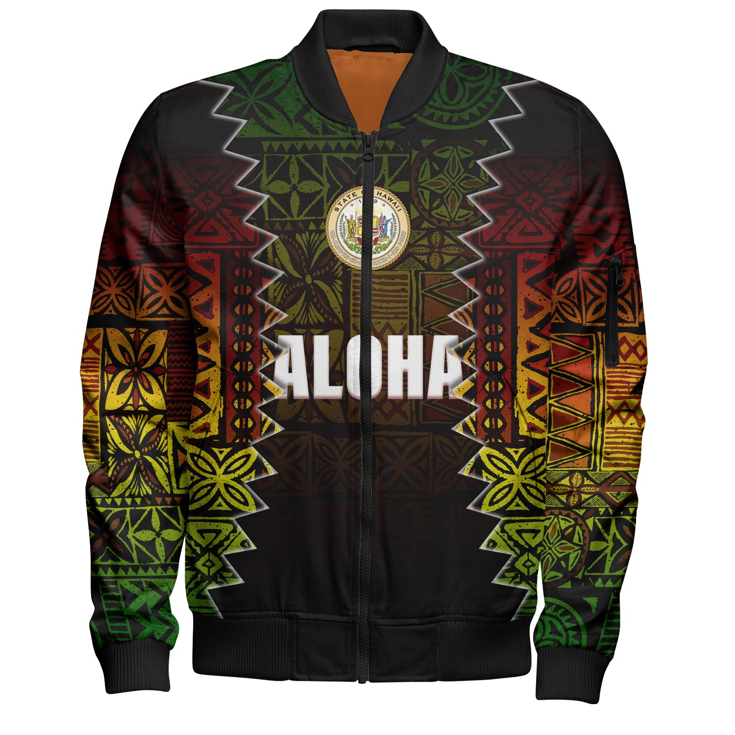 Hawaii Bomber Jacket Polynesian Tribal Motif Reggae Color