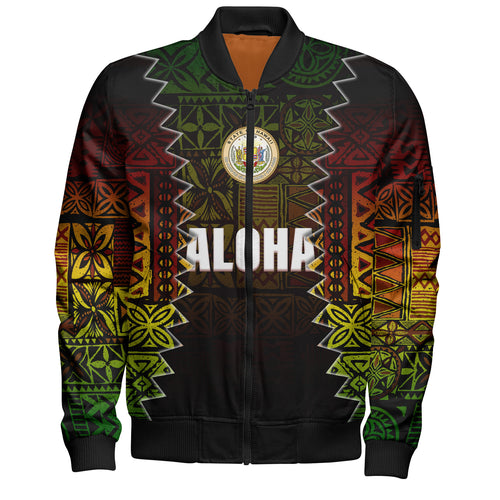 Hawaii Bomber Jacket Polynesian Tribal Motif Reggae Color