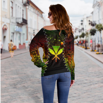 Hawaii Off Shoulder Sweatshirt Polynesian Tribal Motif Reggae Color