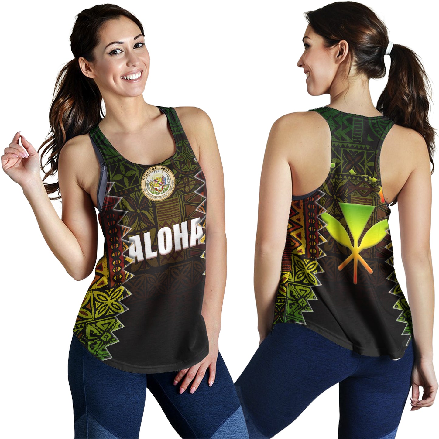Hawaii Women Tank Polynesian Tribal Motif Reggae Color