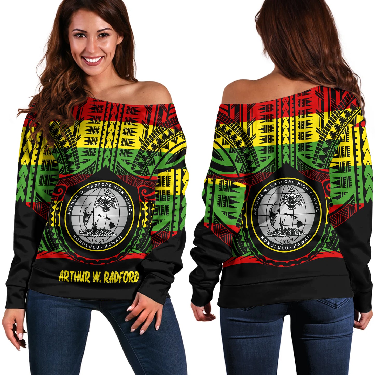 Hawaii Off Shoulder Sweatshirt  Admiral Arthur W. Radford Reggae Color Polynesian