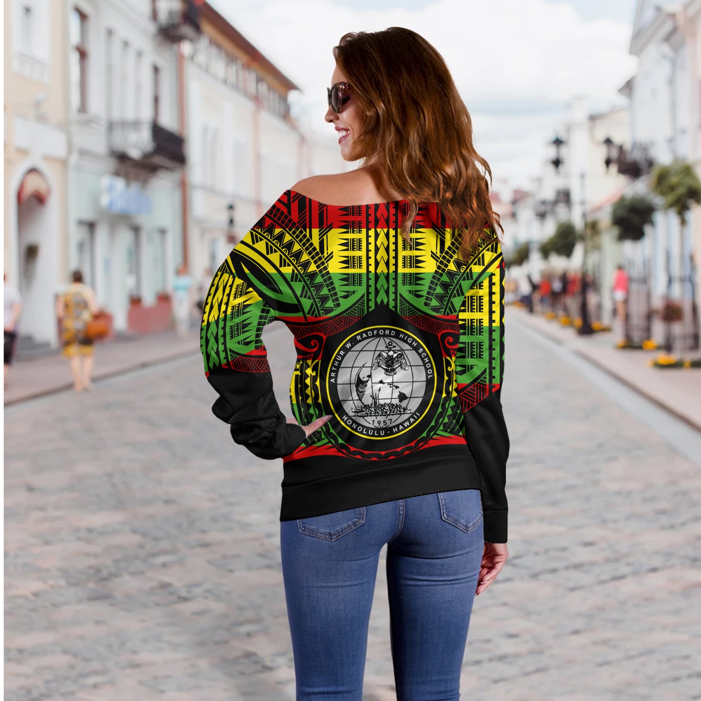 Hawaii Off Shoulder Sweatshirt  Admiral Arthur W. Radford Reggae Color Polynesian