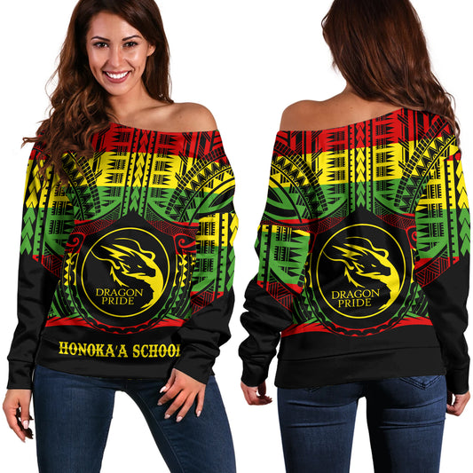 Hawaii Off Shoulder Sweatshirt Honokaʻa High & Intermediate School Reggae Color Polynesian