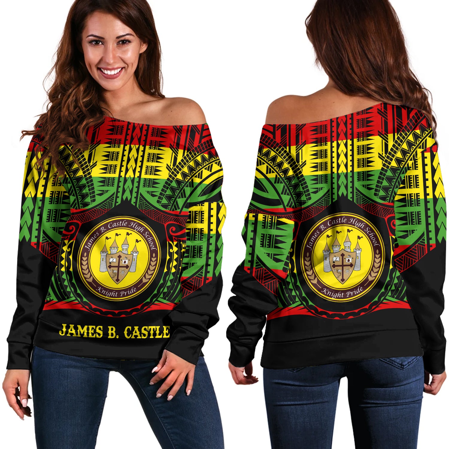 Hawaii Off Shoulder Sweatshirt James B. Castle High School Reggae Color Polynesian