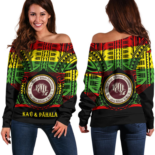 Hawaii Off Shoulder Sweatshirt KaÊ»Å« High & PÄhala Elementary School Reggae Color Polynesian
