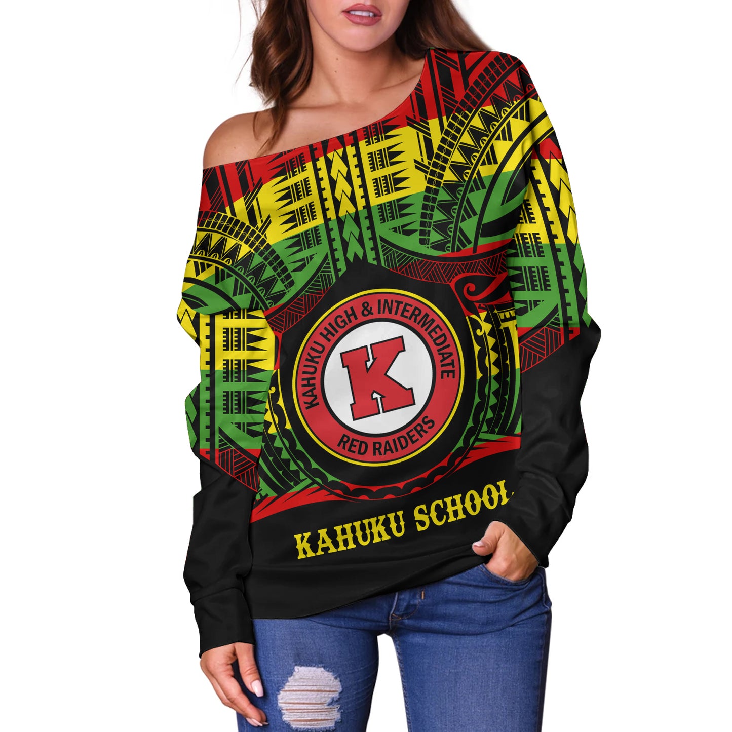 Hawaii Off Shoulder Sweatshirt Kahuku High & Intermediate School Reggae Color Polynesian