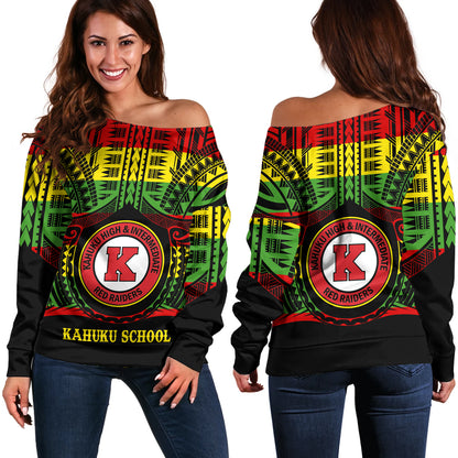 Hawaii Off Shoulder Sweatshirt Kahuku High & Intermediate School Reggae Color Polynesian