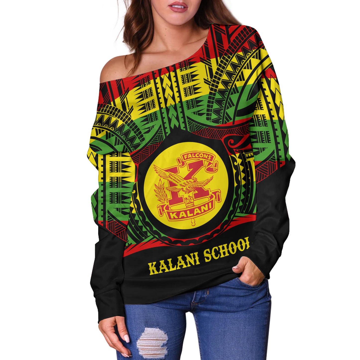 Hawaii Off Shoulder Sweatshirt Kalani High School Reggae Color Polynesian