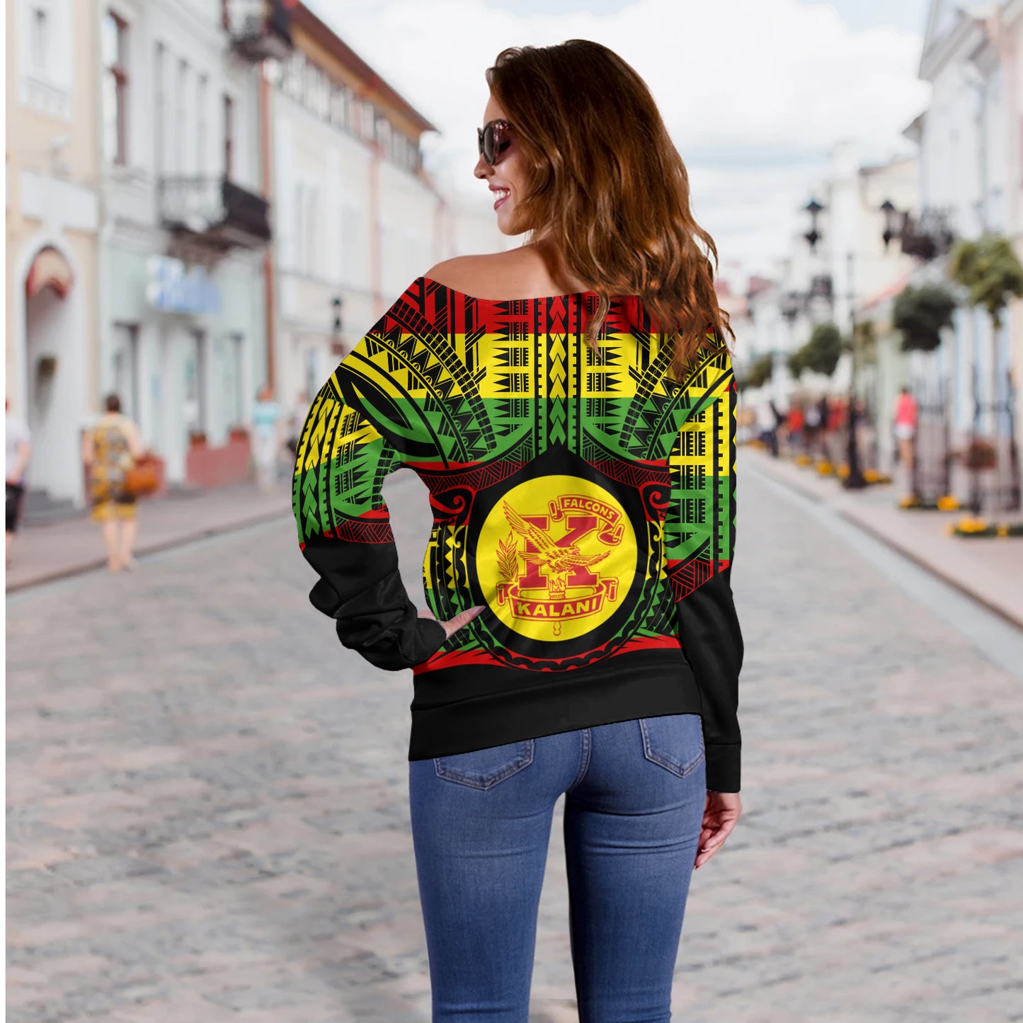 Hawaii Off Shoulder Sweatshirt Kalani High School Reggae Color Polynesian