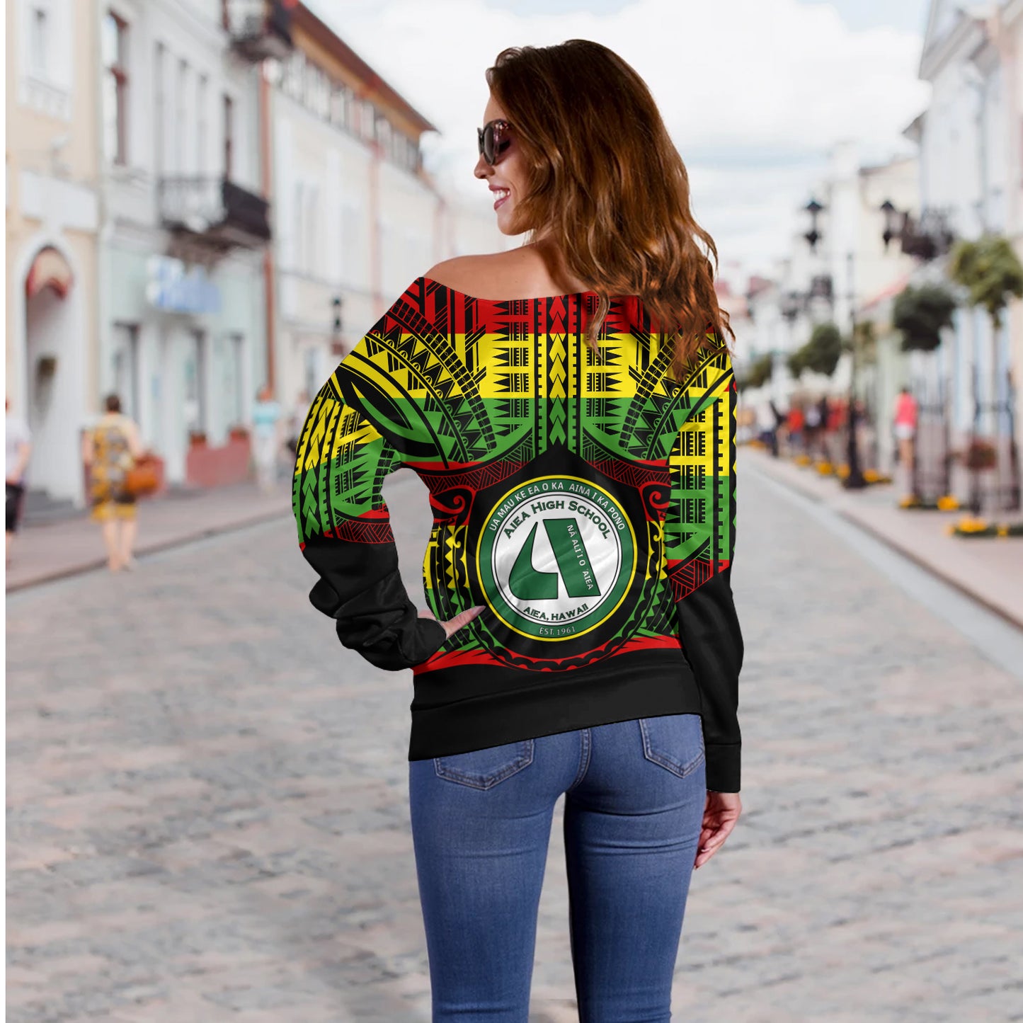 Hawaii Off Shoulder Sweatshirt Aiea High School Reggae Color Polynesian