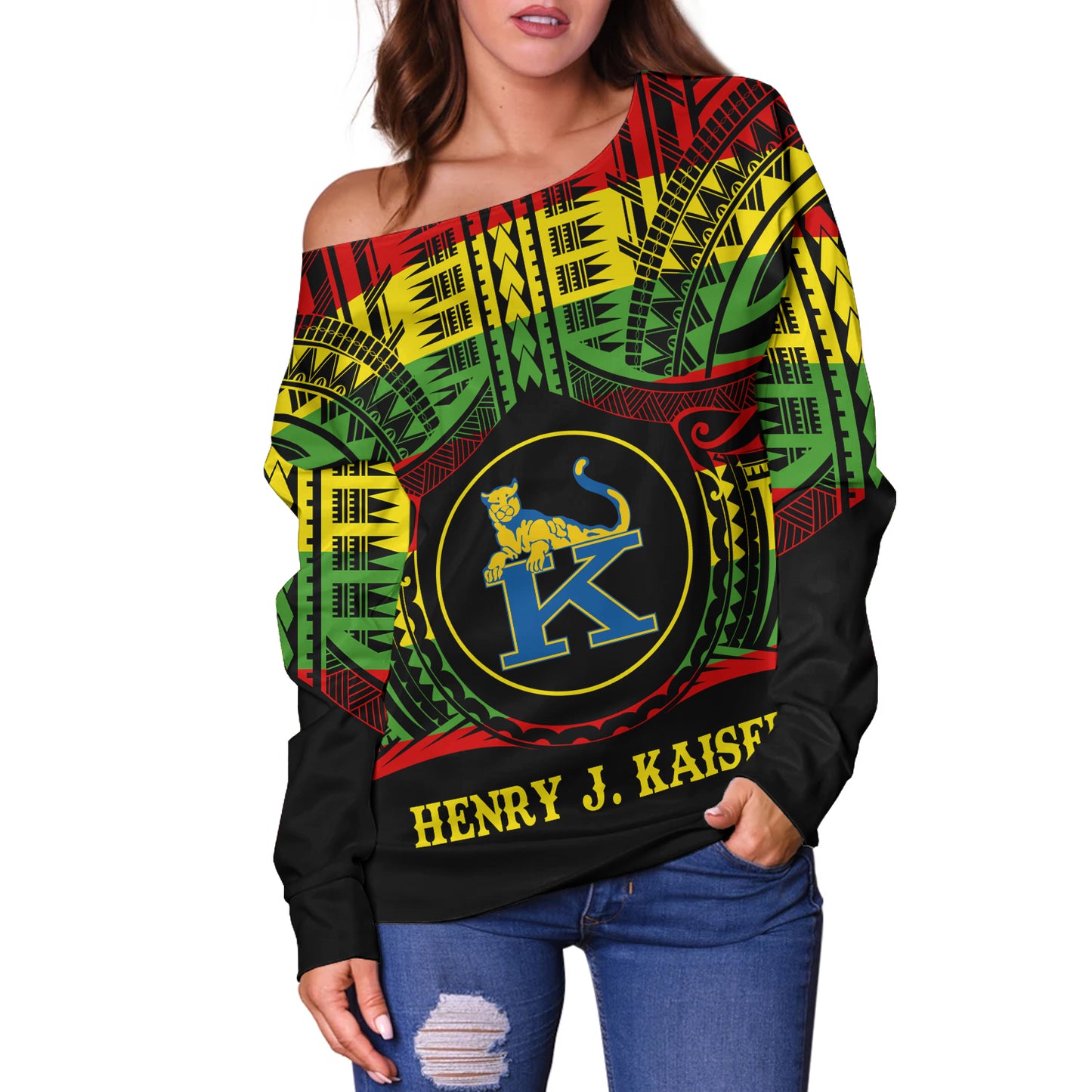Hawaii Off Shoulder Sweatshirt Henry J. Kaiser High School Reggae Color Polynesian