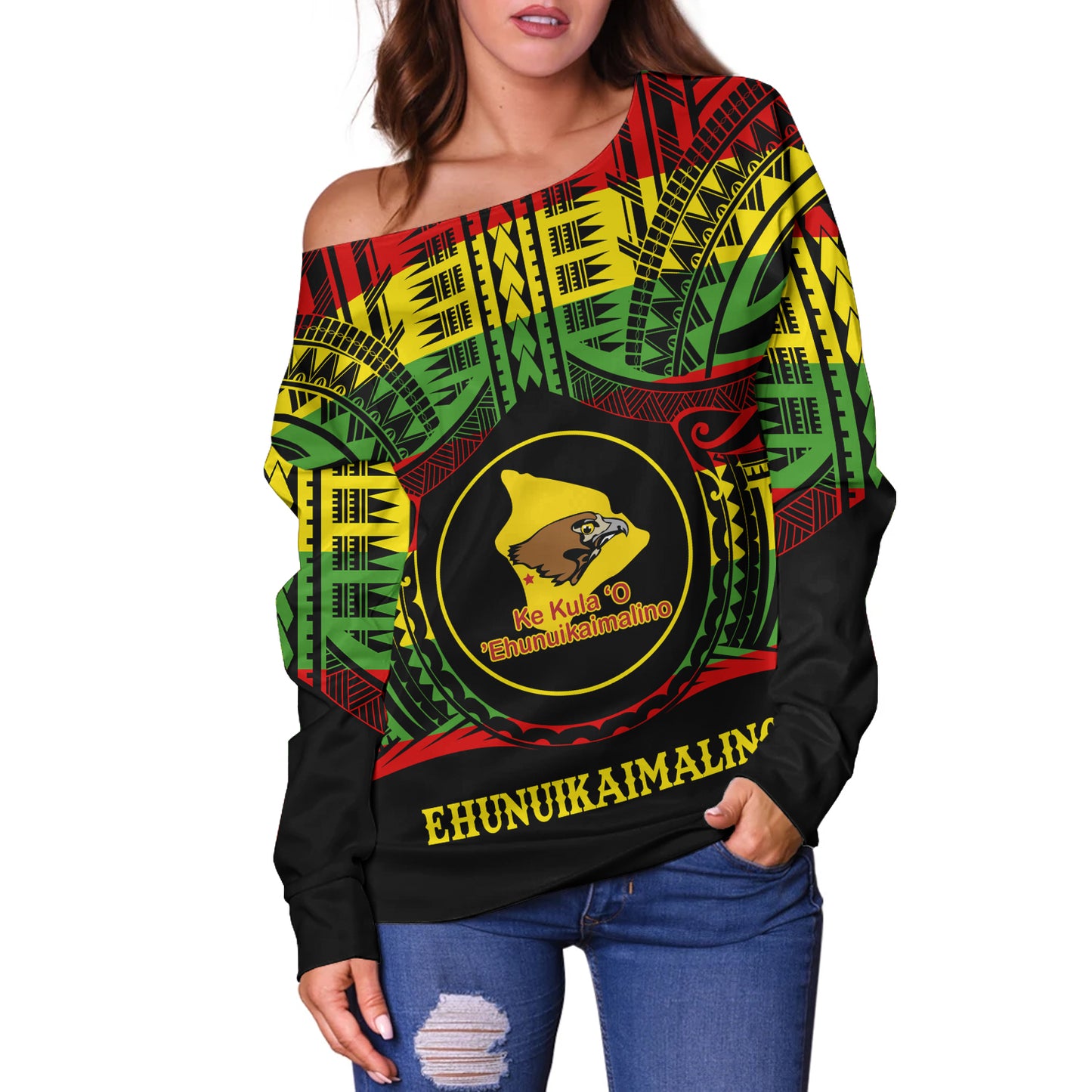 Hawaii Off Shoulder Sweatshirt Ke Kula o Ehunuikaimalino Reggae Color Polynesian