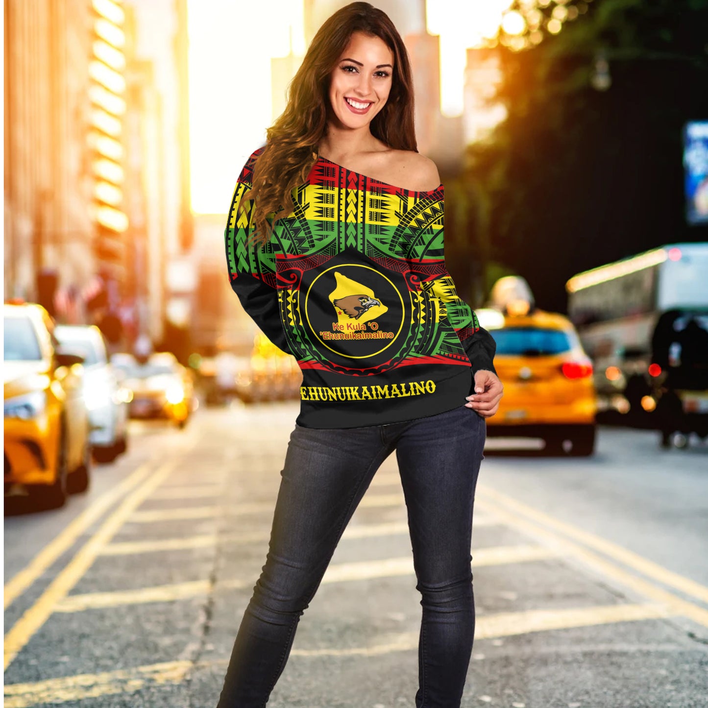 Hawaii Off Shoulder Sweatshirt Ke Kula o Ehunuikaimalino Reggae Color Polynesian