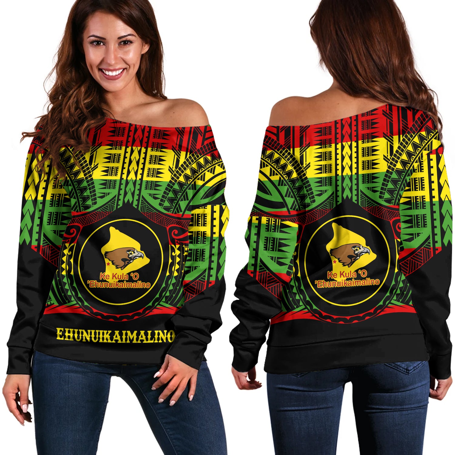 Hawaii Off Shoulder Sweatshirt Ke Kula o Ehunuikaimalino Reggae Color Polynesian