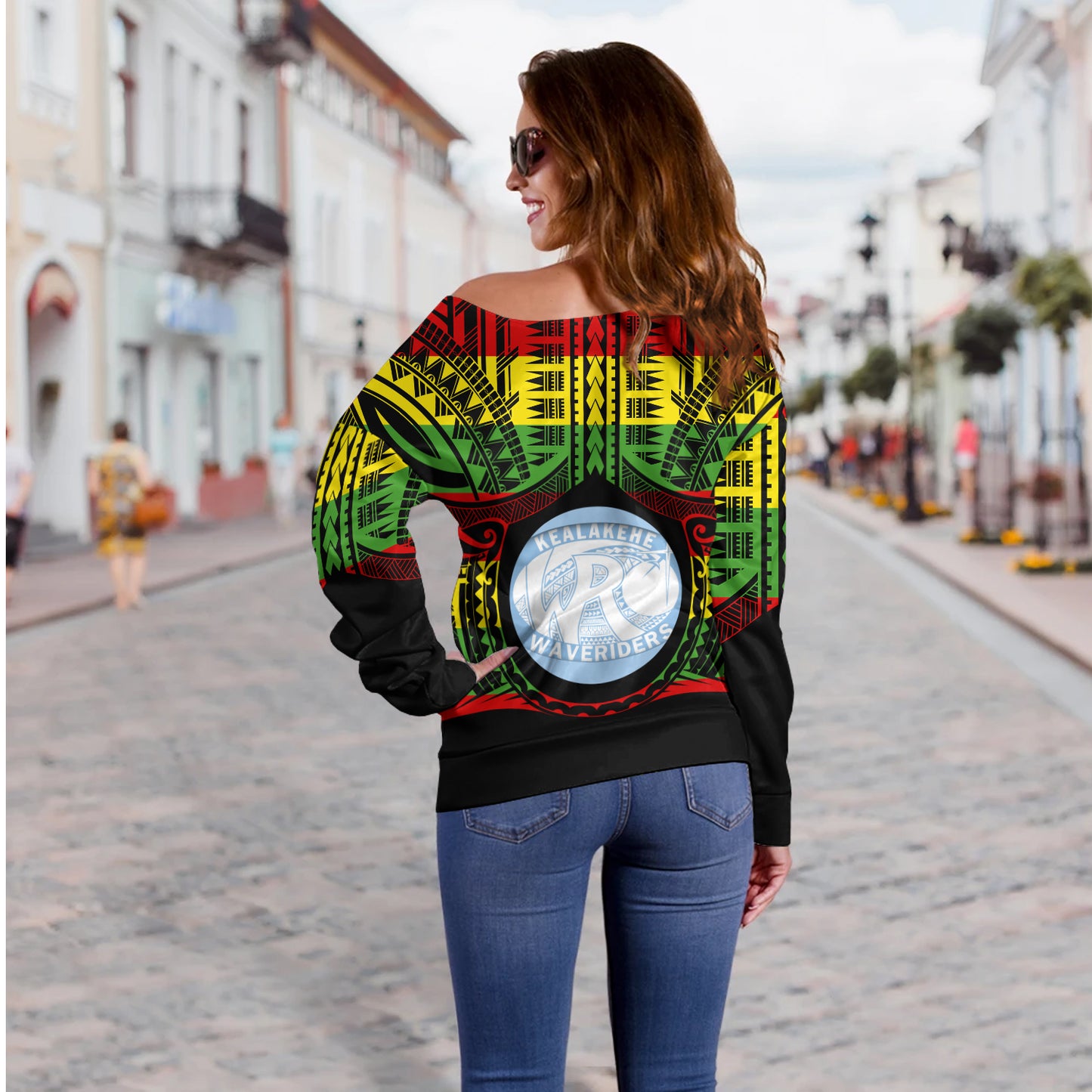 Hawaii Off Shoulder Sweatshirt Kealakehe High School Reggae Color Polynesian