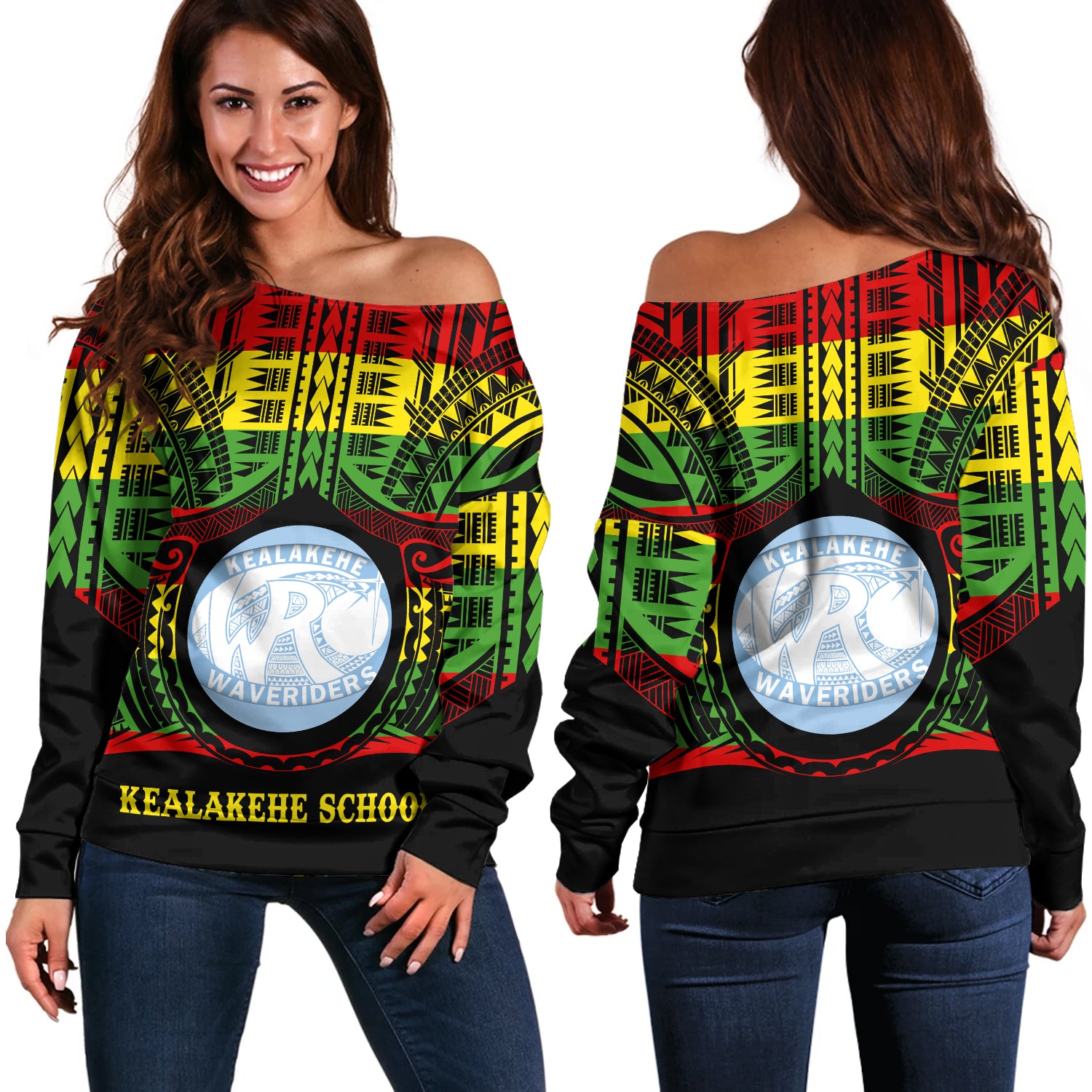 Hawaii Off Shoulder Sweatshirt Kealakehe High School Reggae Color Polynesian