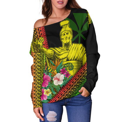 Hawaii Off Shoulder Sweatshirt King Kamekameha Tropical Flowers Hawaii Polynesian