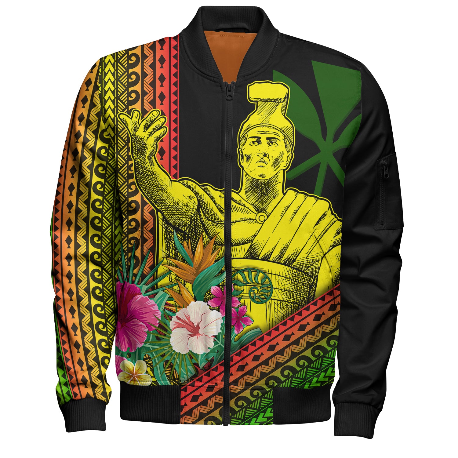 Hawaii Bomber Jacket King Kamekameha Tropical Flowers Hawaii Polynesian