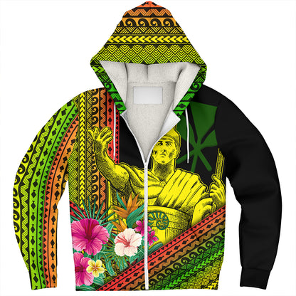 Hawaii Sherpa Hoodie King Kamekameha Tropical Flowers Hawaii Polynesian