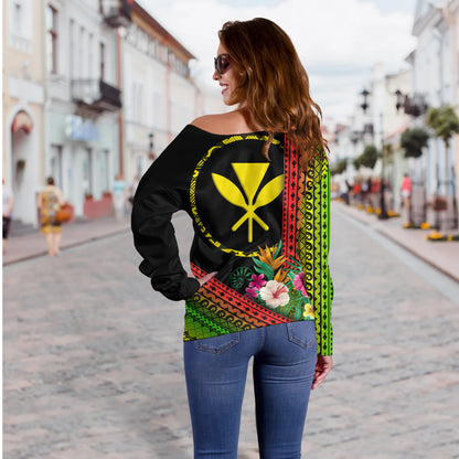 Hawaii Off Shoulder Sweatshirt King Kamekameha Tropical Flowers Hawaii Polynesian