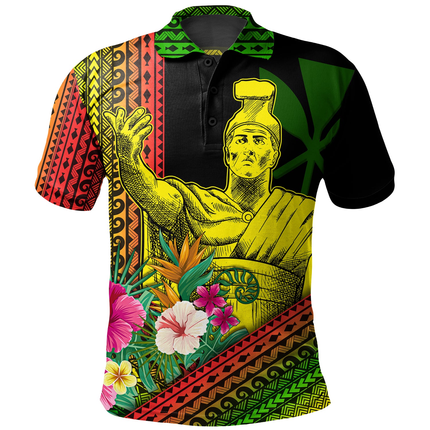 Hawaii Polo Shirt King Kamekameha Tropical Flowers Hawaii Polynesian