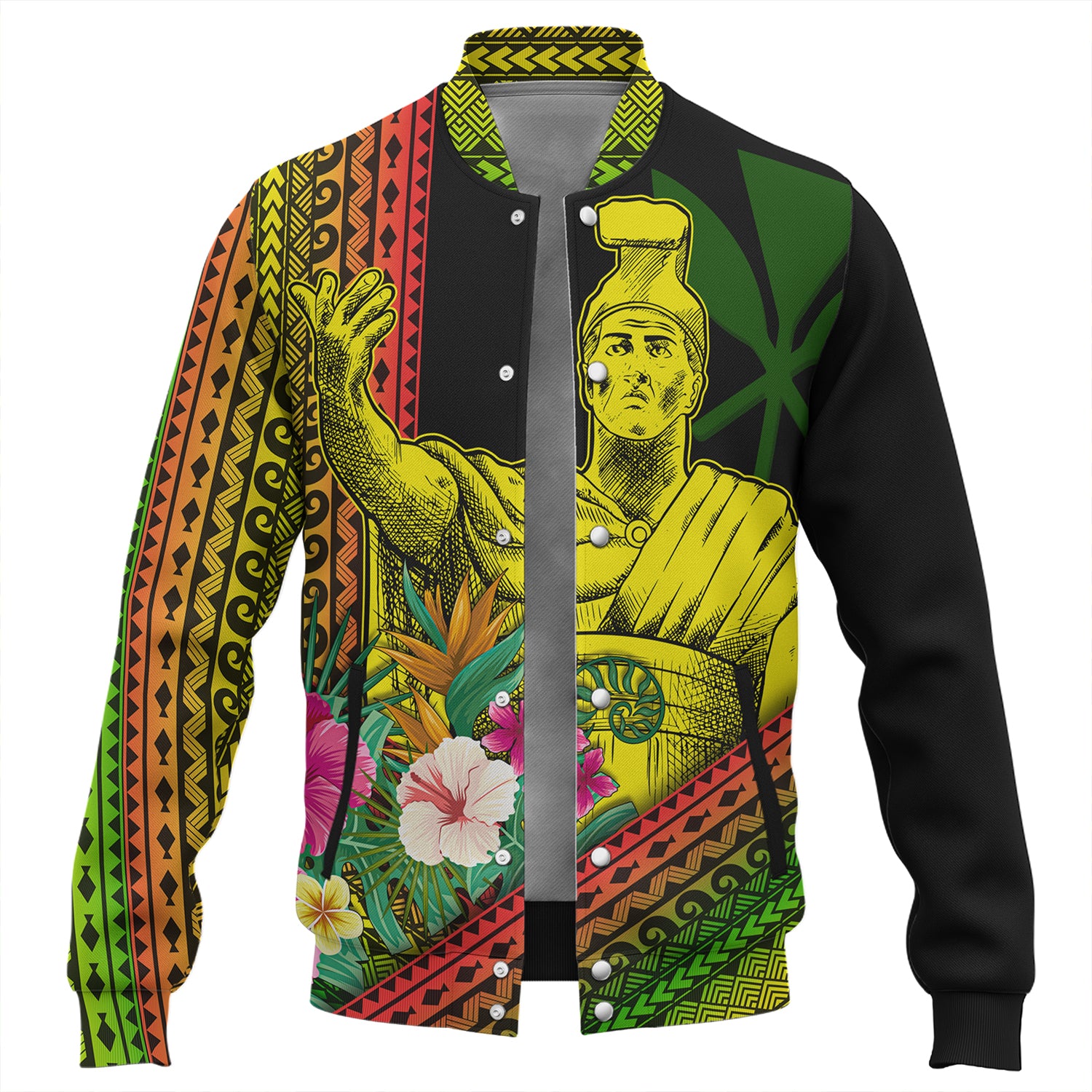 Hawaii Baseball Jacket King Kamekameha Tropical Flowers Hawaii Polynesian